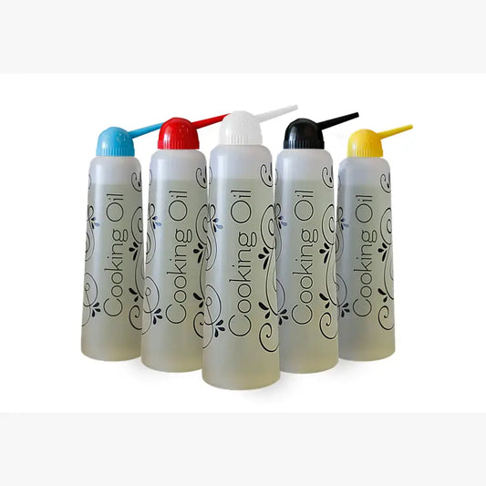 Five bottles of butterie oil dispensers with colorful nozzles on a white background