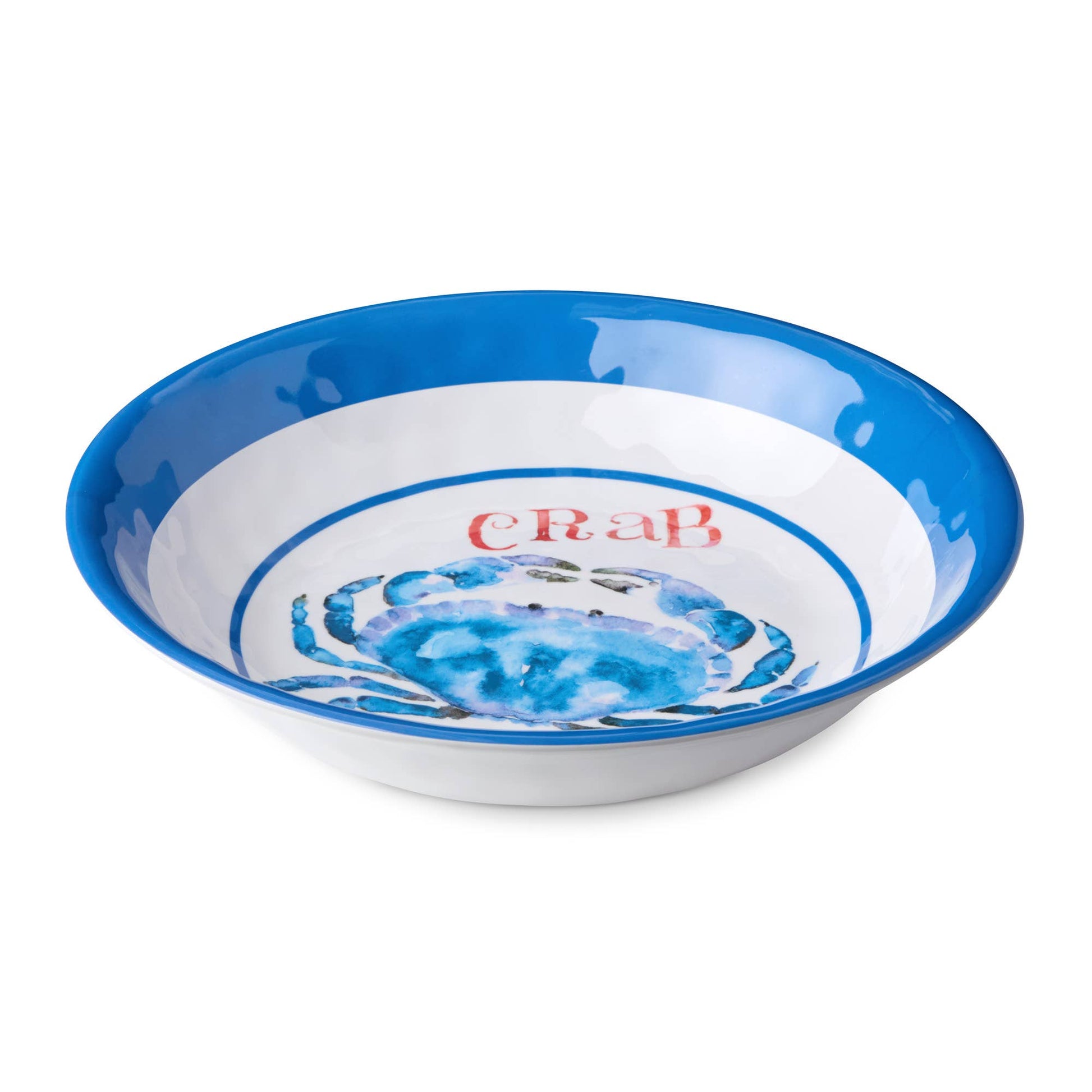 Bowl with blue rim and white interior featuring a blue crab illustration and red text on a white background