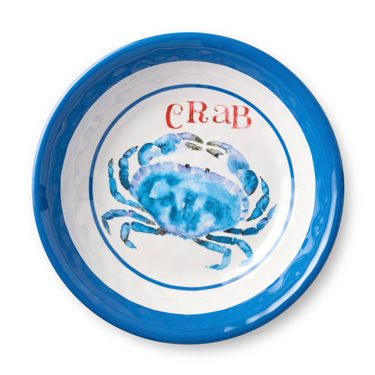 Bowl with blue crab design and 'CRAB' text on a white background
