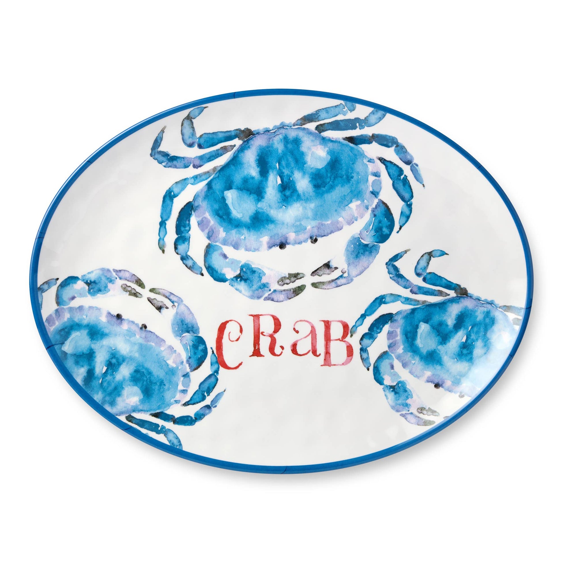 Round plate with blue crab design and 'CRAB' text on a white background