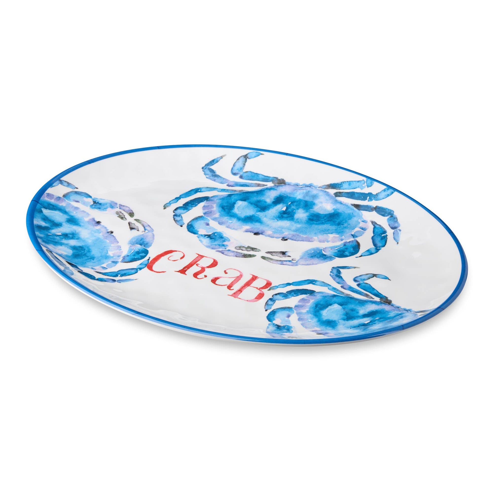 Platter with blue crab design and 'CRAB' text on a white background