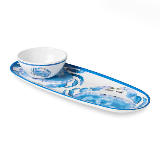Serving tray with a bowl featuring blue floral patterns on a white background