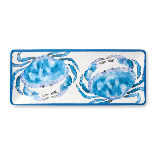 Rectangular platter with blue crab design on a white background