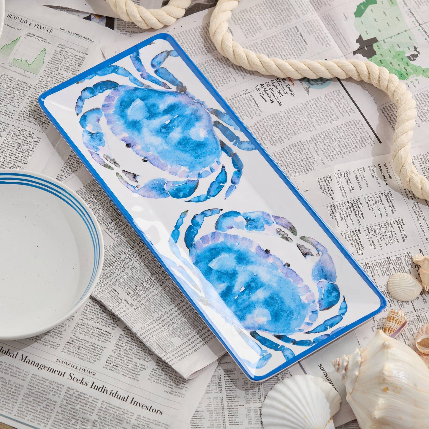 Rectangular platter with blue crab design on a newspaper background