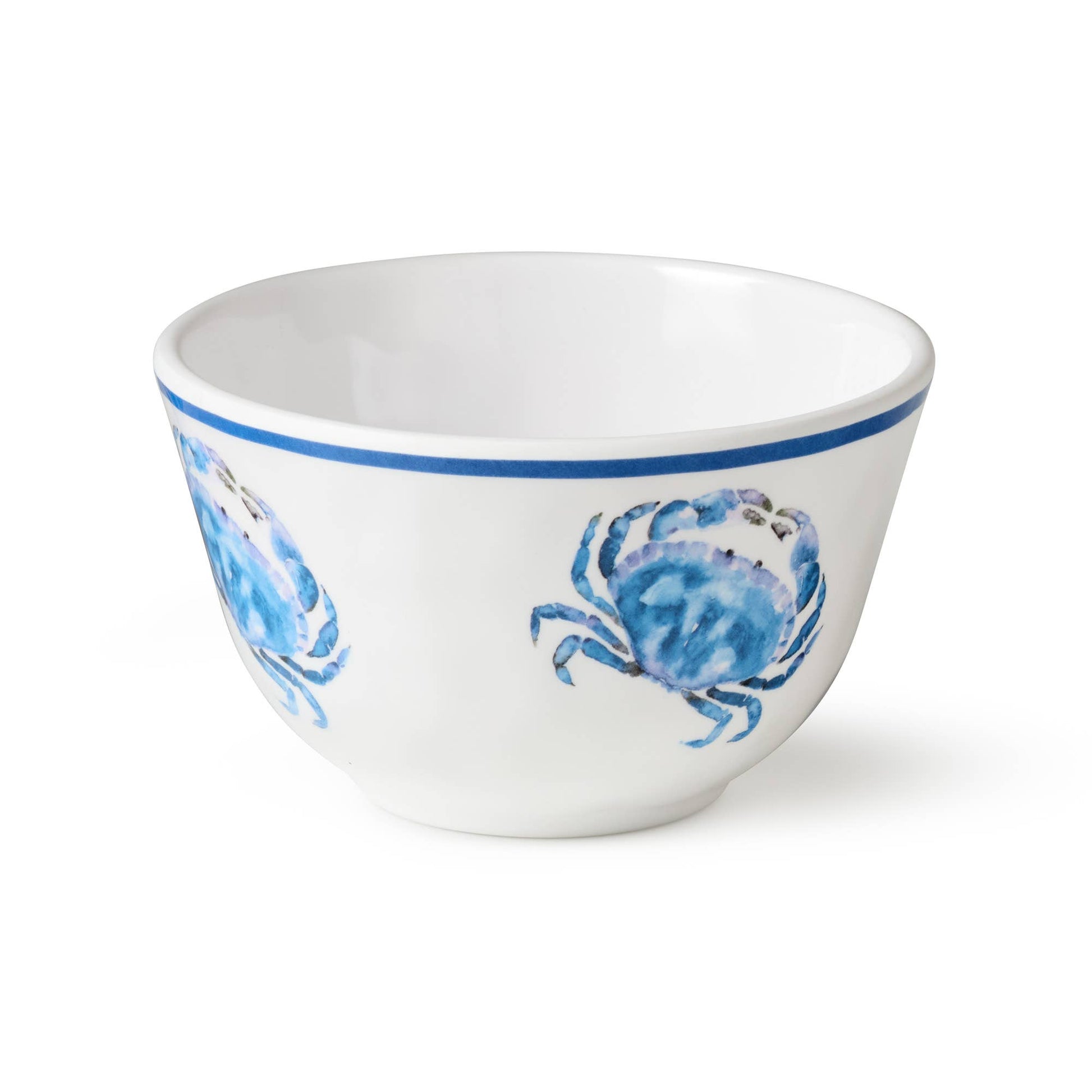 White bowl with blue crab design on a white background