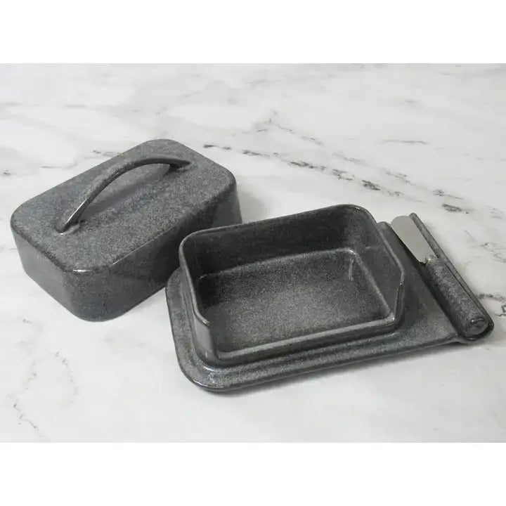 Butterie porcelain butter dish open showing top and bottom with spreader knife