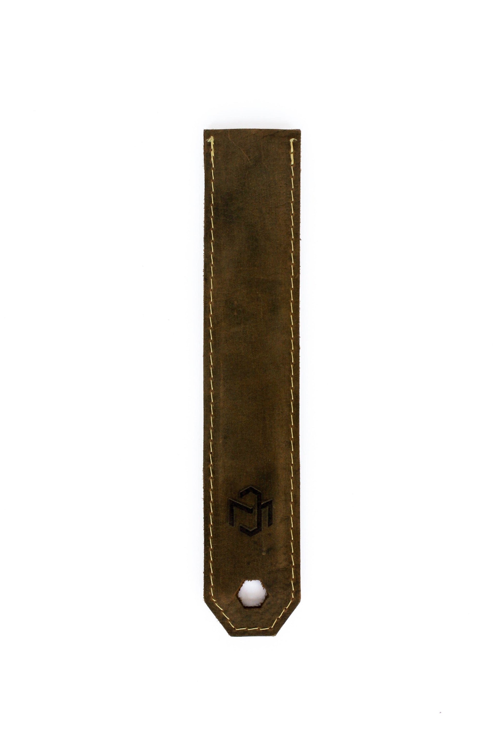 Brown leather strap with a white bead on a white background