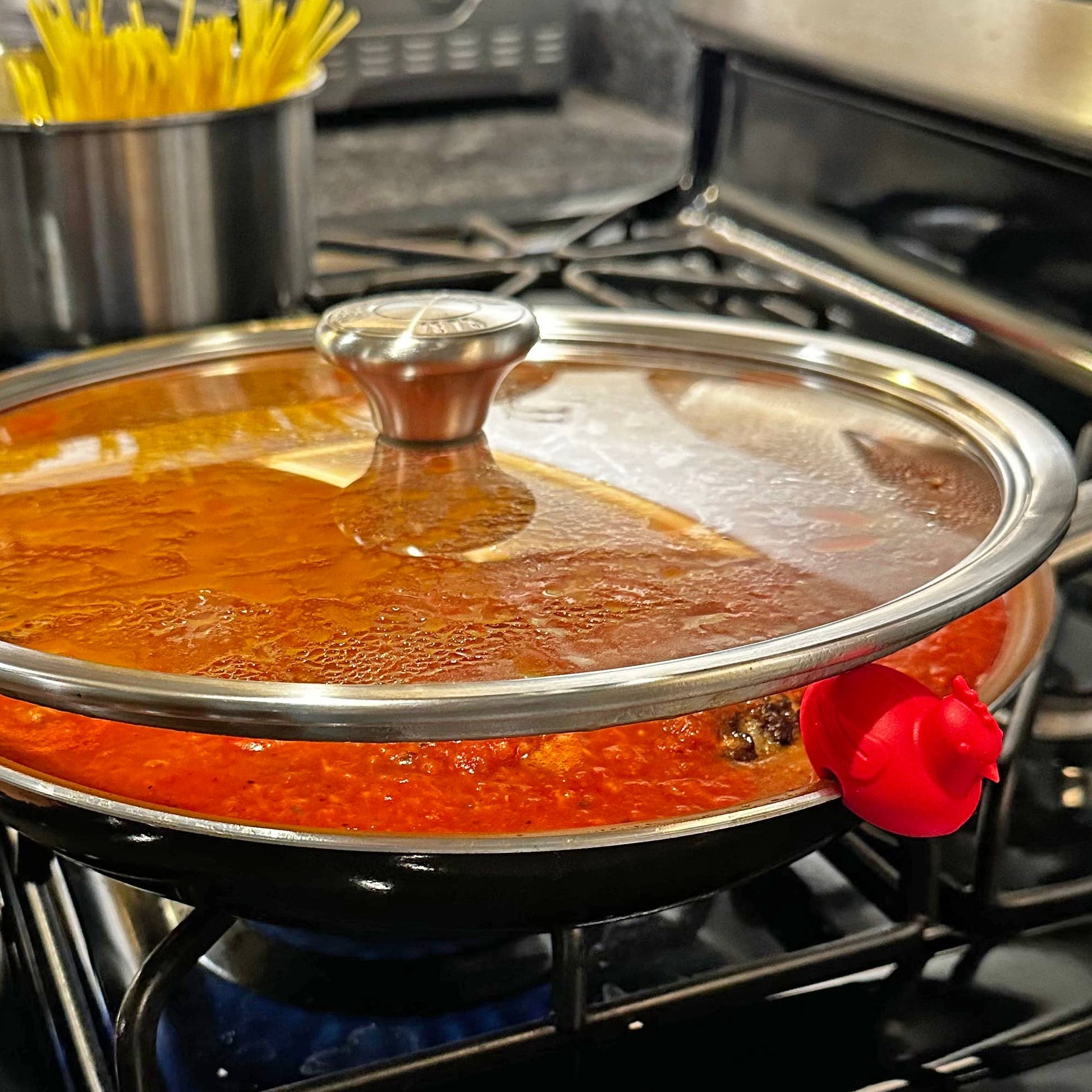 Stovetop with a pot covered by a glass lid on a gas burner and the chicken pot watcher in place