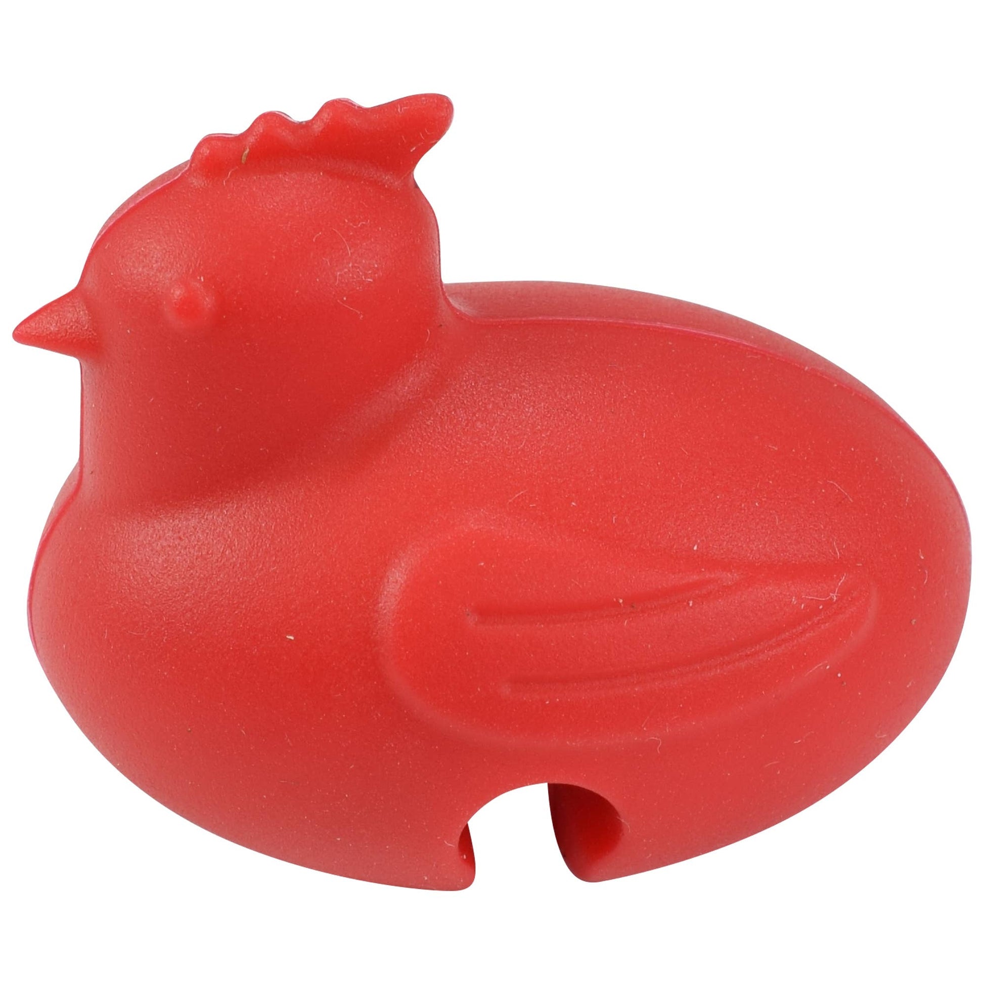 Red rubber chicken-shaped object on a white background