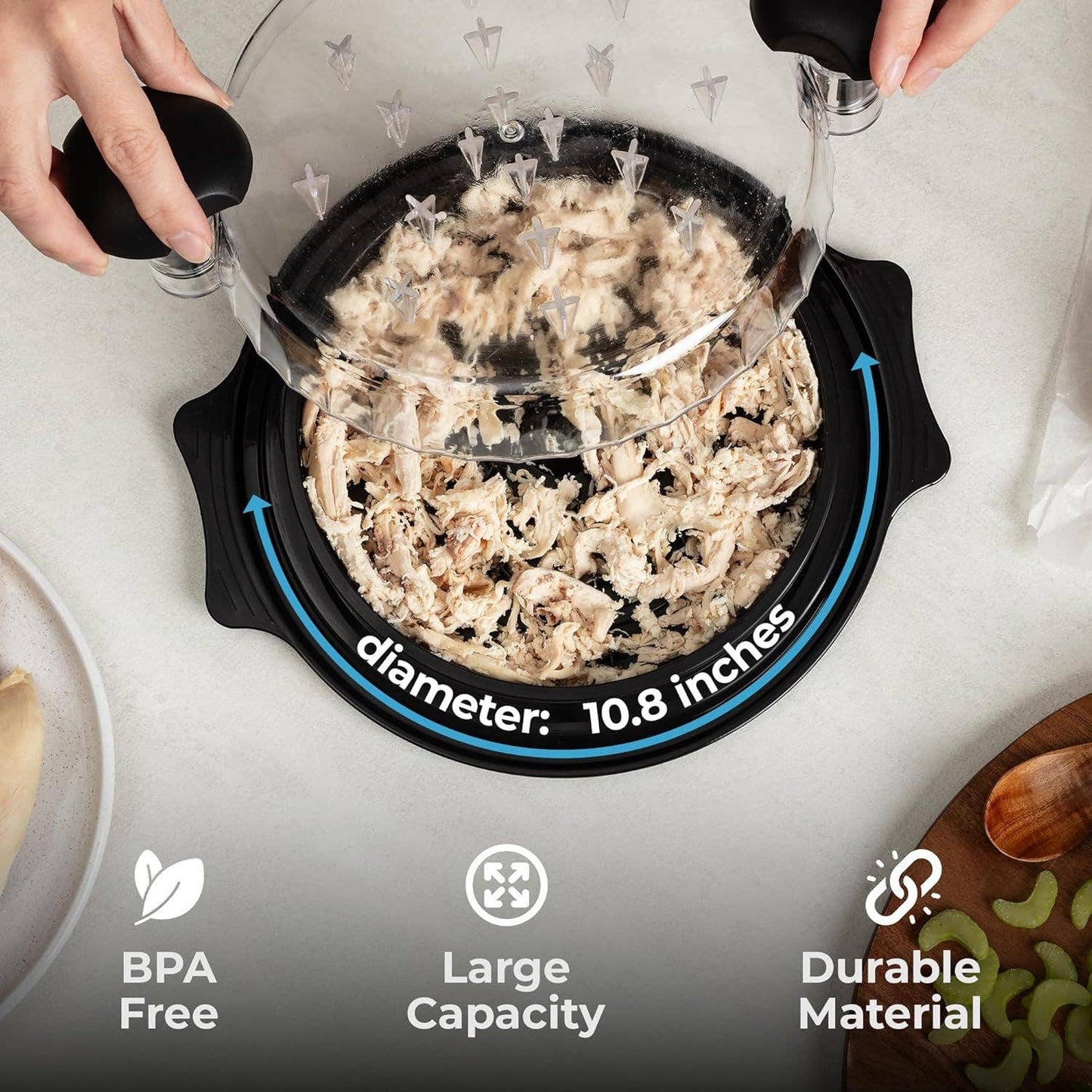 Person using a kitchen tool to shred food in a large capacity dish with text indicating size and material properties.