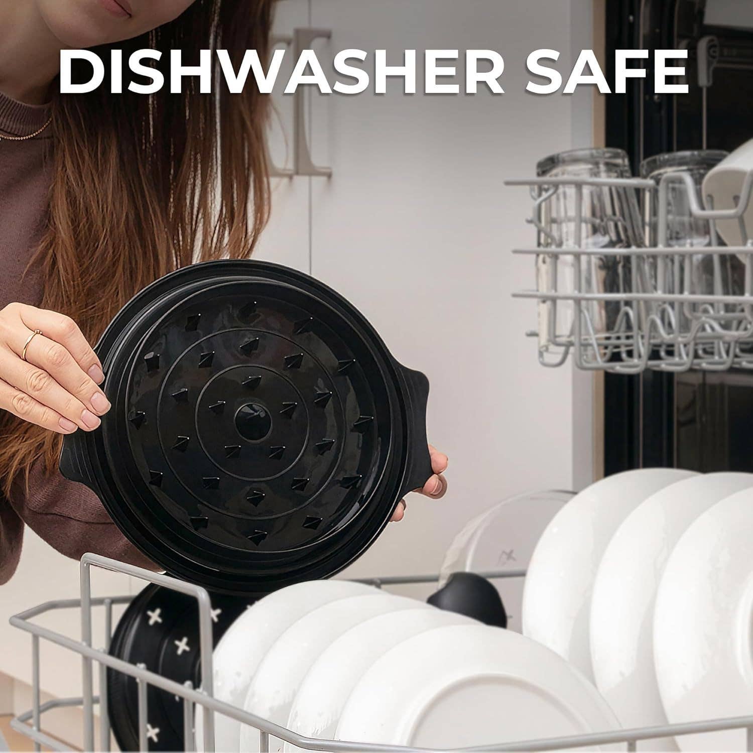 Person holding a chicken-shredder-tool above a dishwasher with text 'Dishwasher Safe'.
