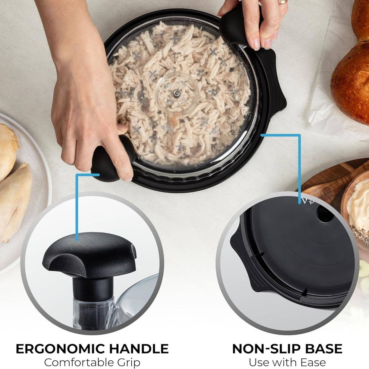 Person holding the chicken-shredder-tool with ergonomic handle and non-slip base, surrounded by ingredients on a white surface.