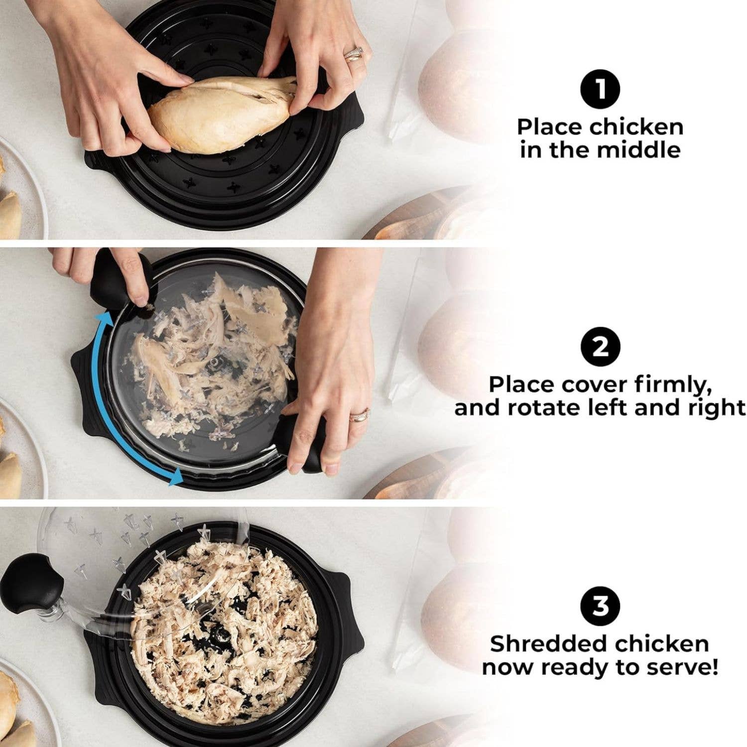 Step-by-step process of shredding chicken using a kitchen tool with text instructions.