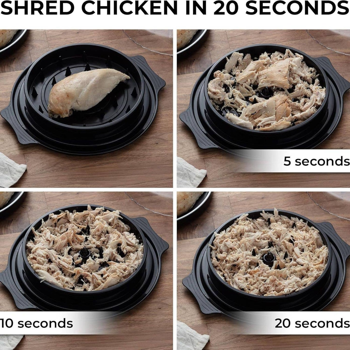 Step-by-step process of shredding chicken in a chicken-shredder-tool on a wooden surface.