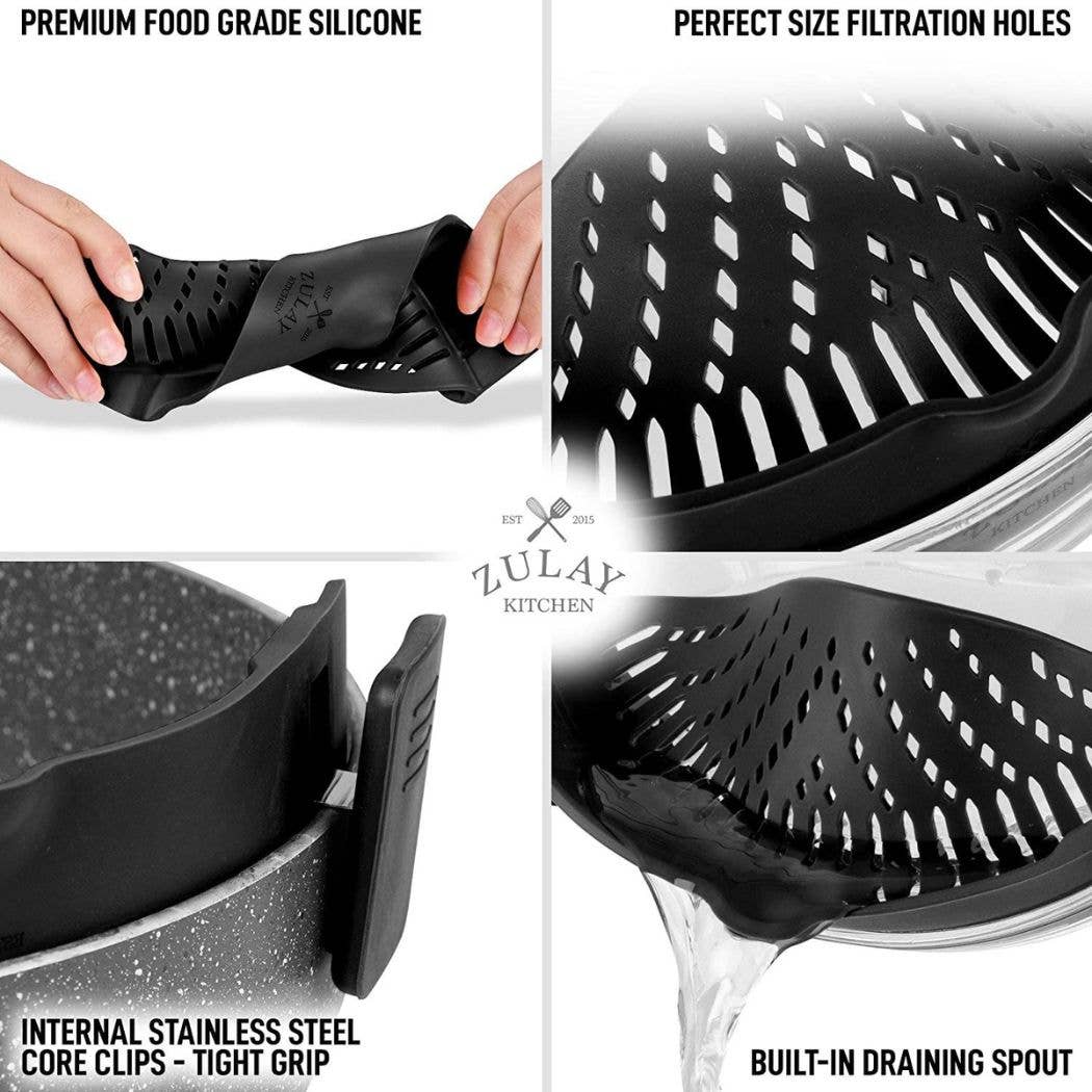 A four-panel product feature collage for a black silicone strainer basket by Zulay Kitchen. The panels show hands stretching the flexible silicone, close-ups of the perforated holes, a clip attached inside a pot, and water draining through the basket.