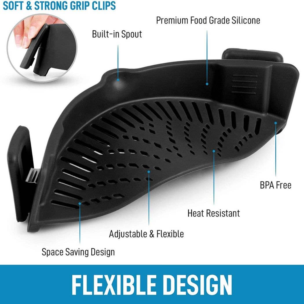 Black flexible silicone clip with multiple labeled callouts and feature text on a white background, including 'SOFT & STRONG GRIP CLIPS,' 'Built-in Spout,' 'Premium Food Grade Silicone,' 'BPA Free,' 'Heat Resistant,' 'Adjustable & Flexible,' and 'Space Saving Design.'.