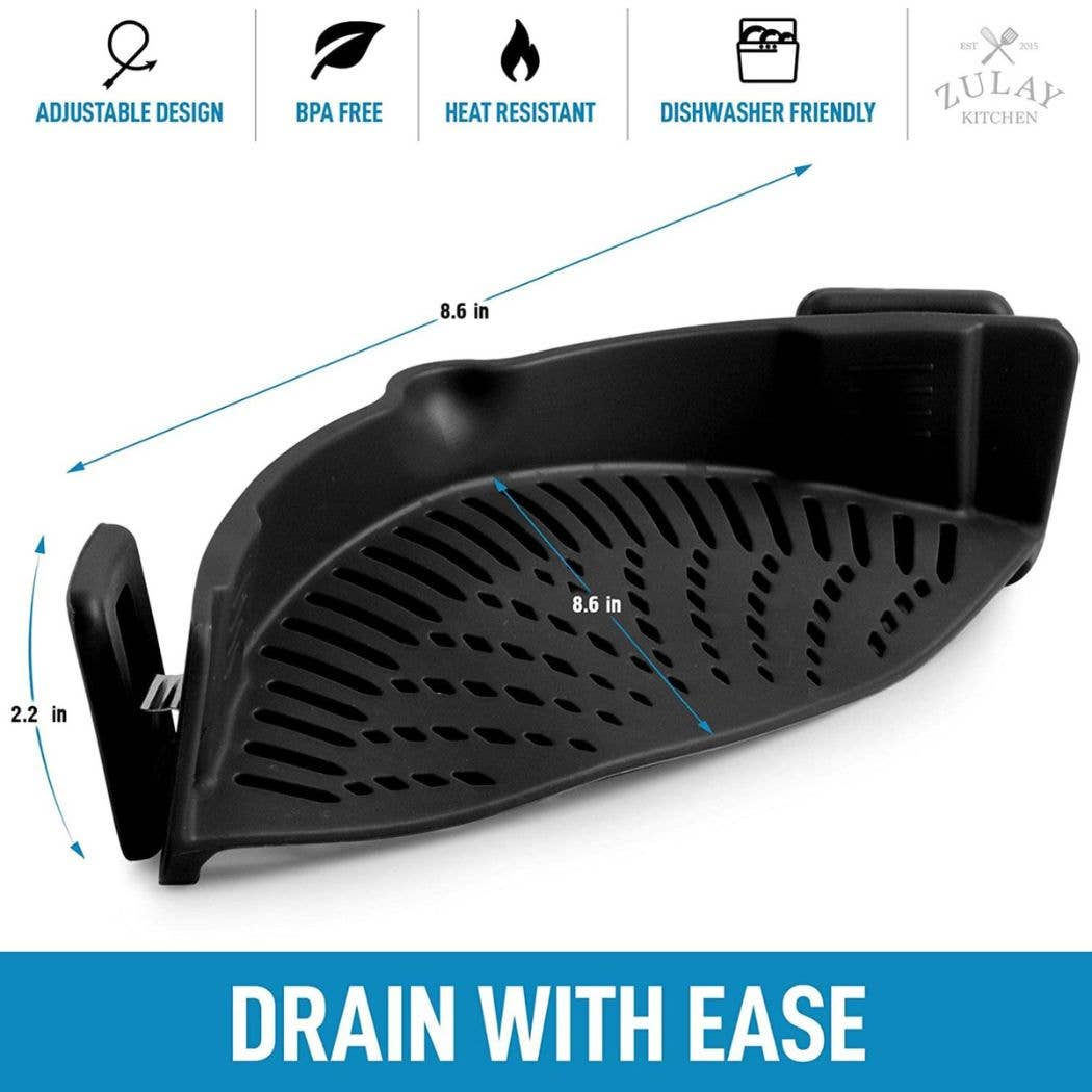 Black plastic kitchen drain basket with dimension annotations showing 8.6 in length and 2.