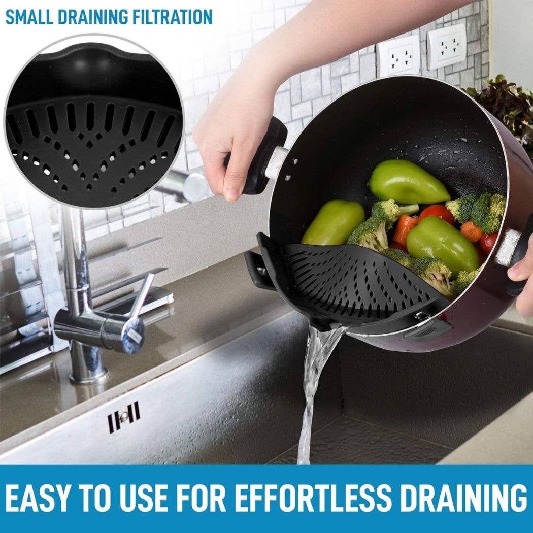 A black plastic kitchen strainer basket being used to drain water and vegetables from a pot over a sink, with a circular inset showing the strainer's drainage pattern and text overlays describing its use.