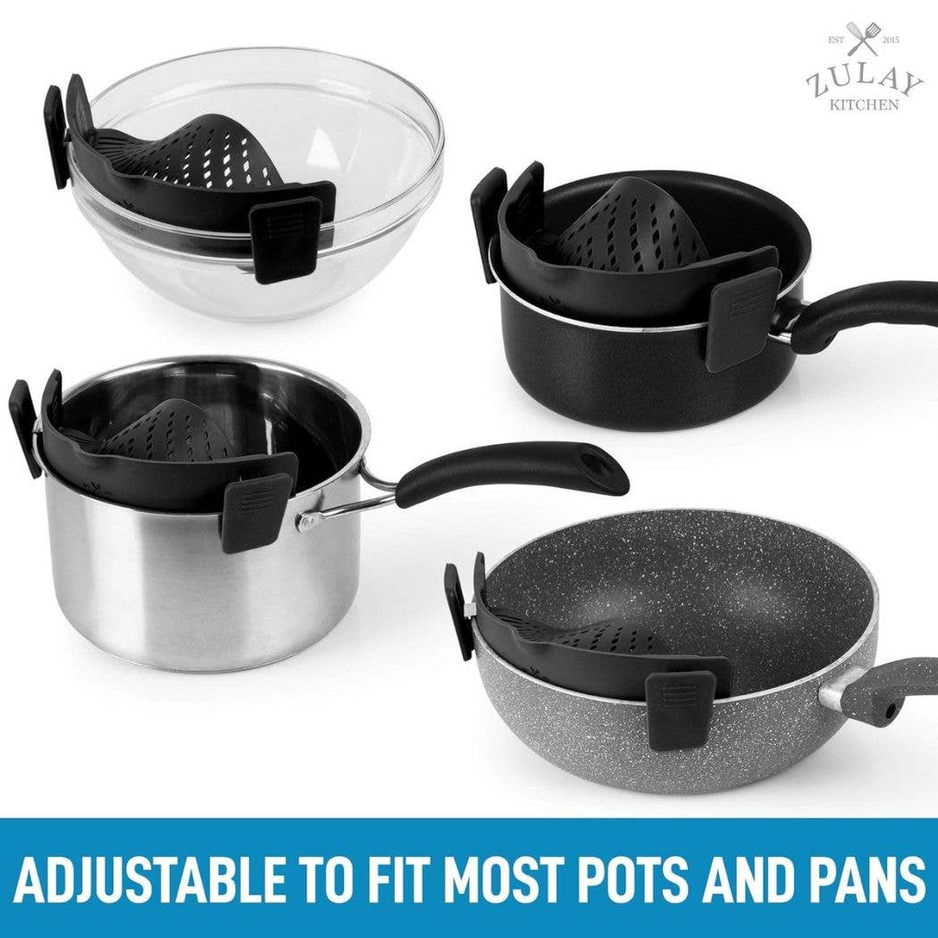 Four cookware sets shown on a white background with a blue text banner at the bottom. The sets include a clear glass bowl, a stainless steel pot, a black saucepan, and a gray speckled pan, each with an adjustable black strainer insert.