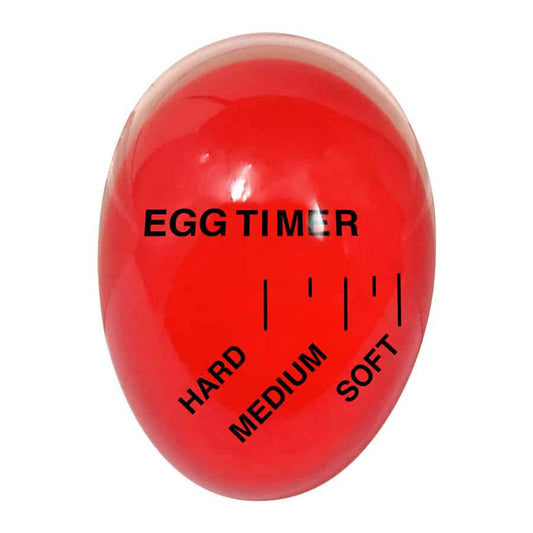 Red egg-shaped timer with 'Egg Timer' and cooking level labels on a white background
