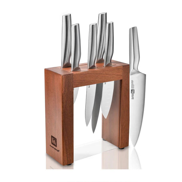 Set of Klaus MeyerContour knives in a wooden block on a white background
