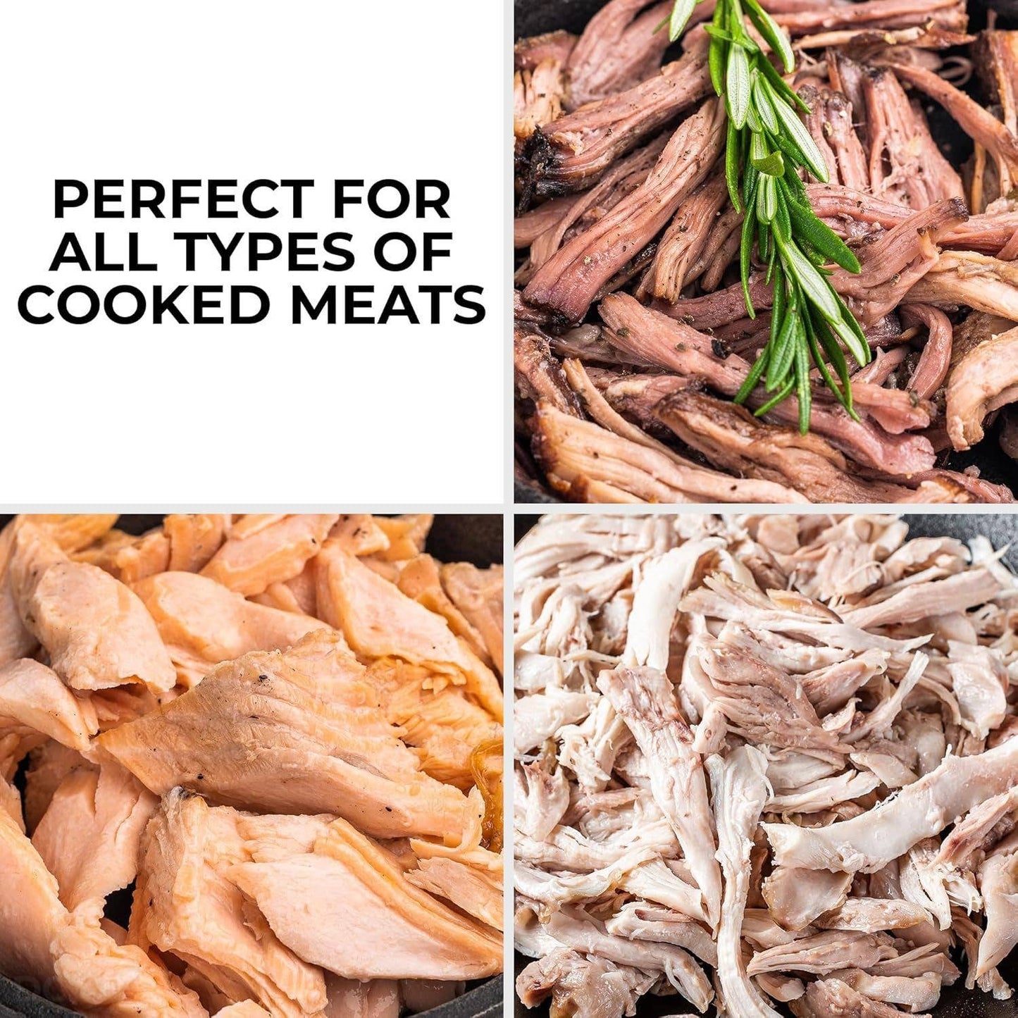 Collage of cooked meats with text 'Perfect for all types of cooked meats' on a white background.