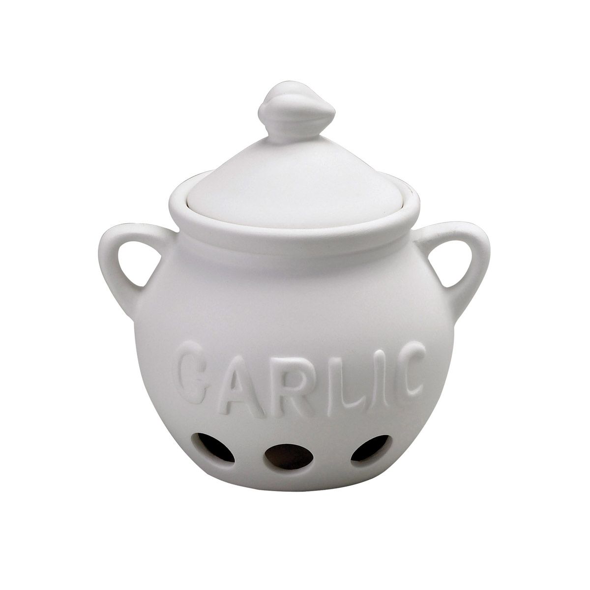 White ceramic garlic keeper with lid on a white background