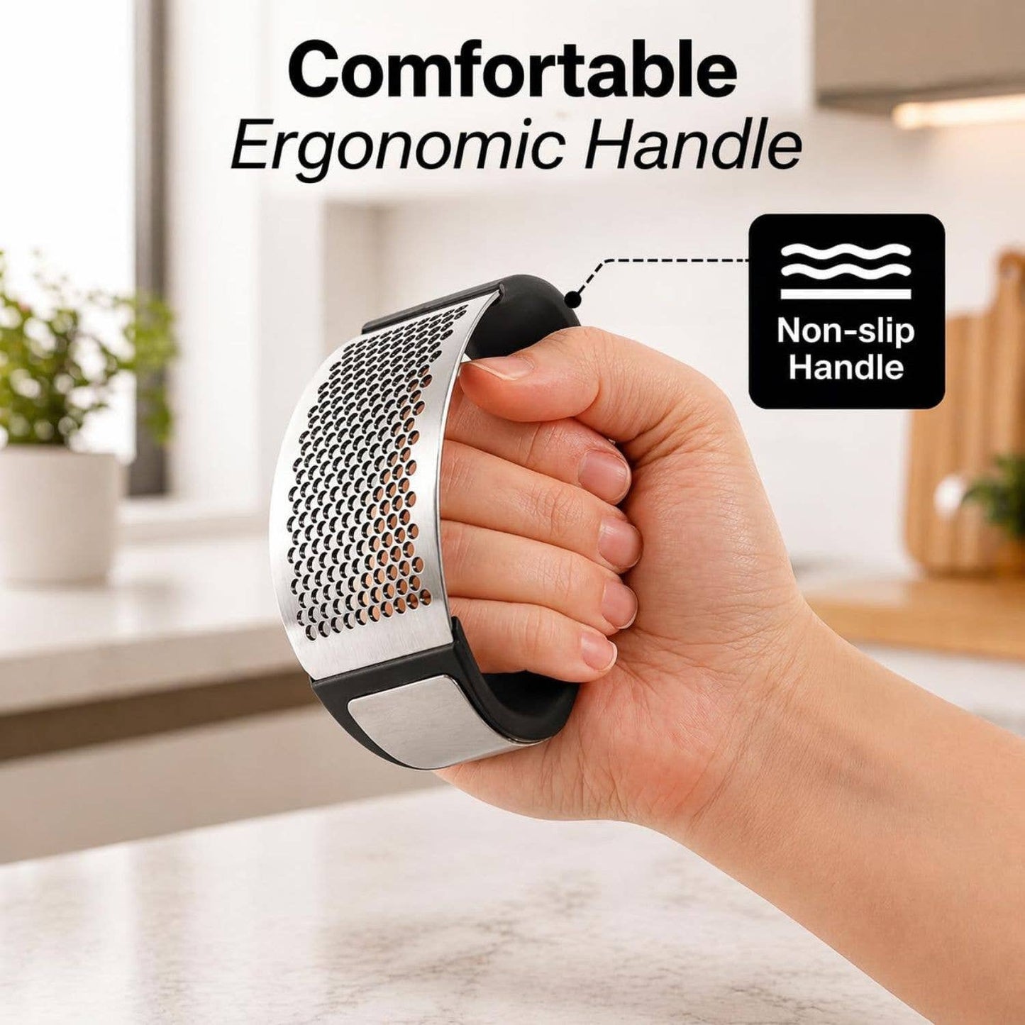 Hand holding a kitchen grater with a focus on the ergonomic handle, set against a blurred kitchen background.