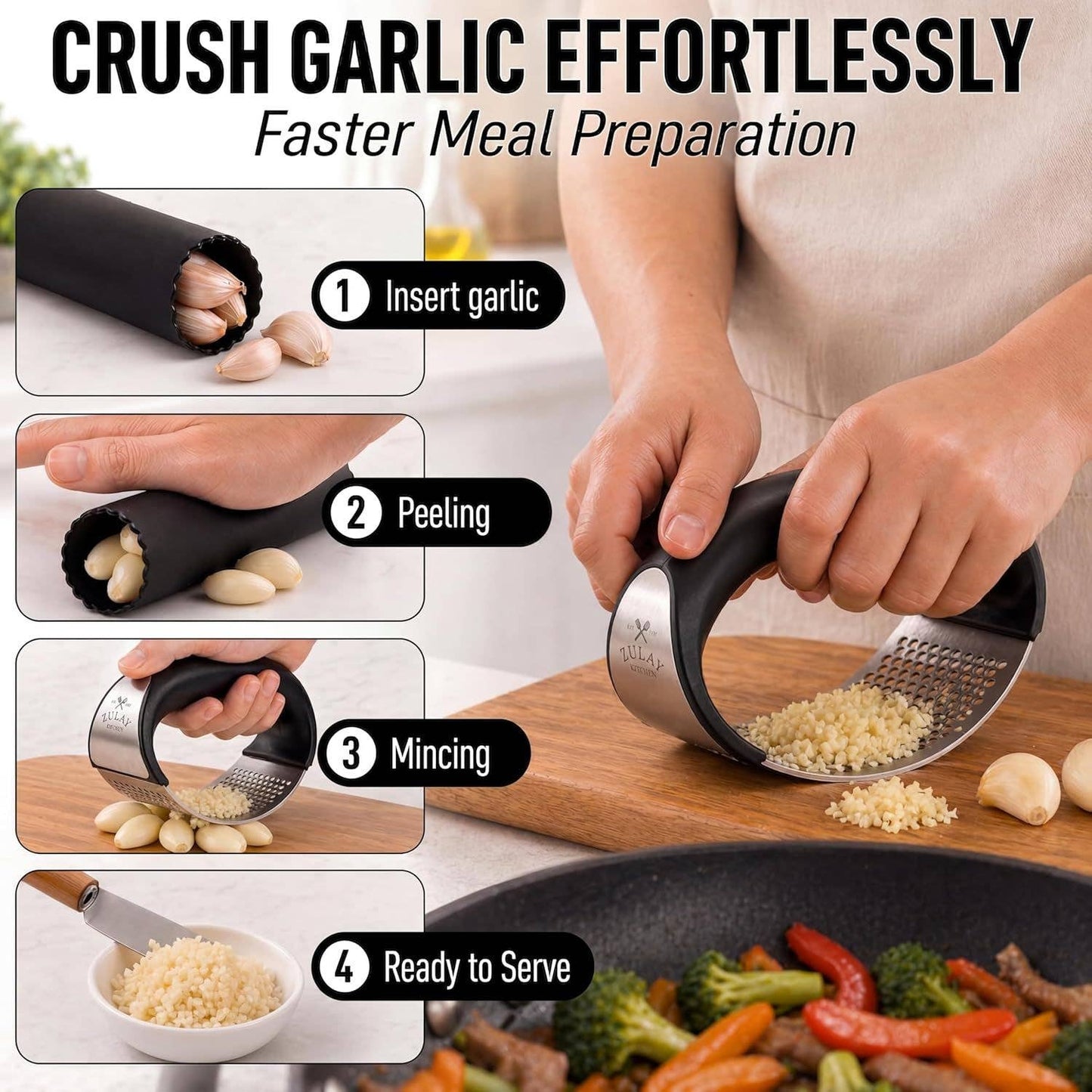 Garlic press being used with text on how to use it and a kitchen scene.