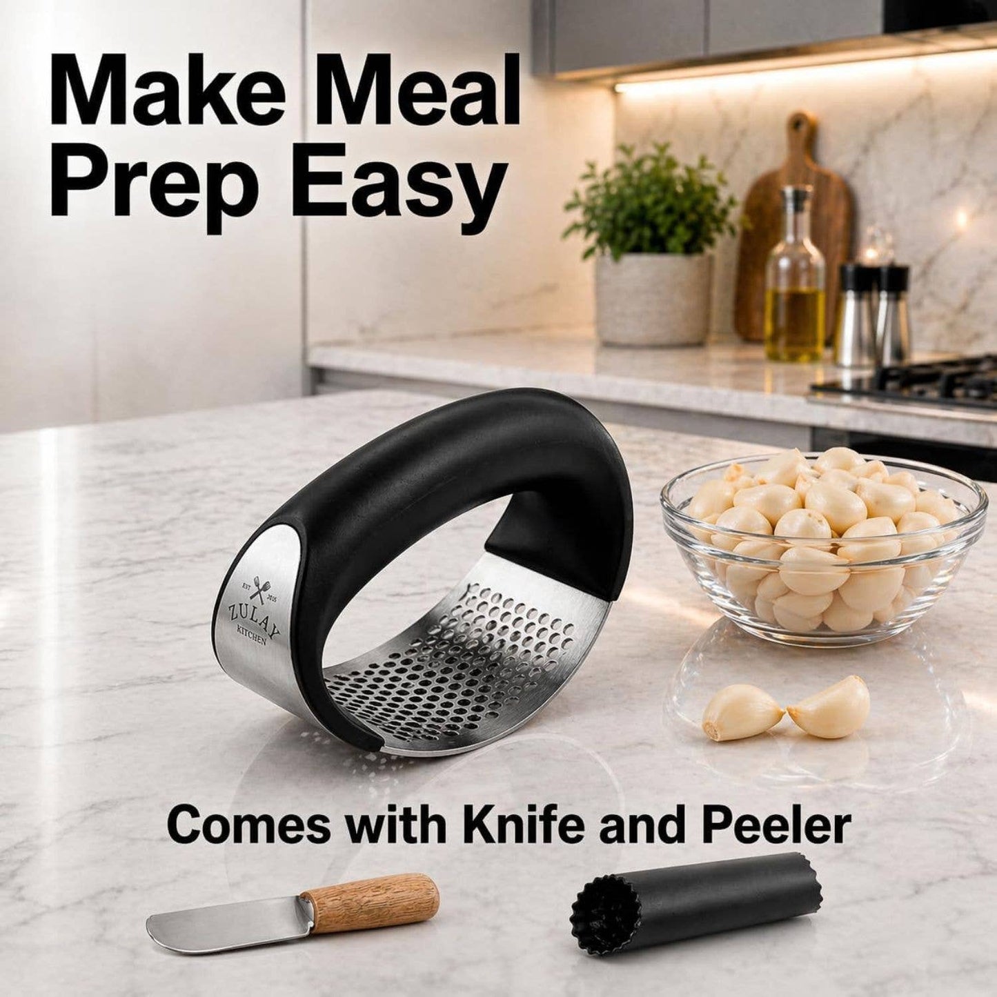 Kulak garlic press on a kitchen counter with garlic and text 'Make Meal Prep Easy'.