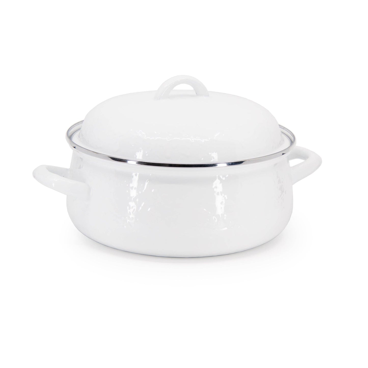 A white enamel stockpot with a matching lid, featuring a polished silver metal rim and side handles, set against a plain white background.