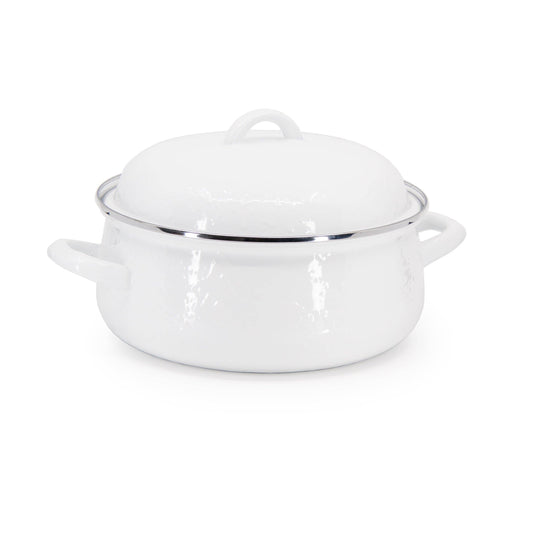 A white enamel stockpot with a matching lid, featuring a polished silver metal rim and side handles, set against a plain white background.