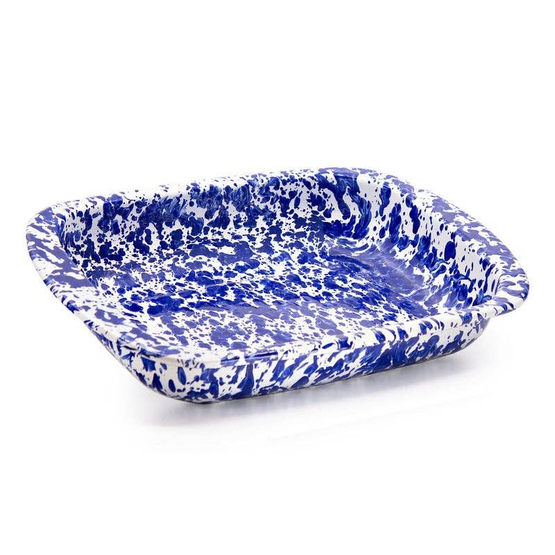 Blue and white speckled porcelain enamel baking dish on a white background