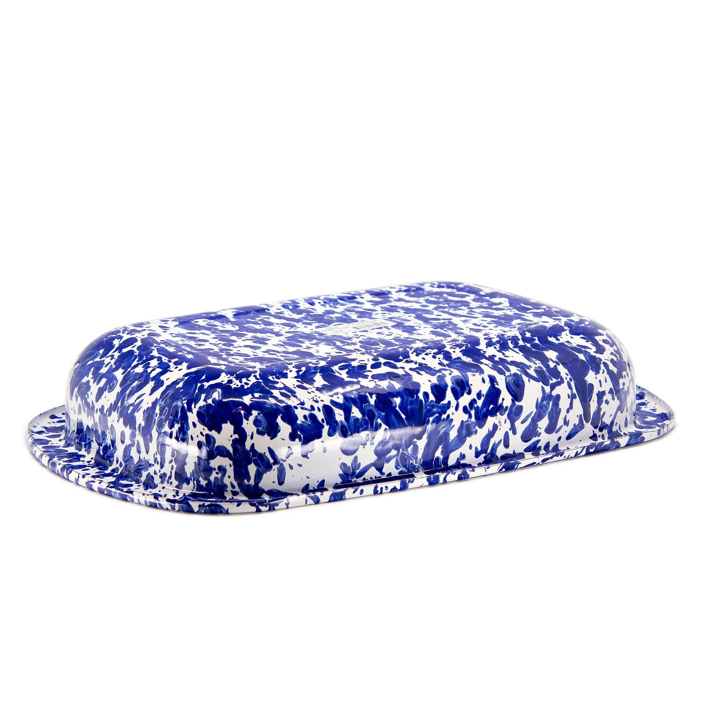 Blue and white patterned baking dish on a white background