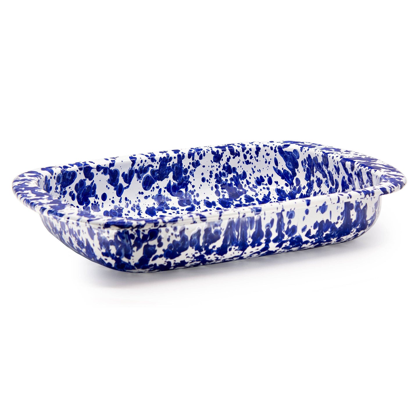 Blue and white speckled rectangular baking dish on a white background