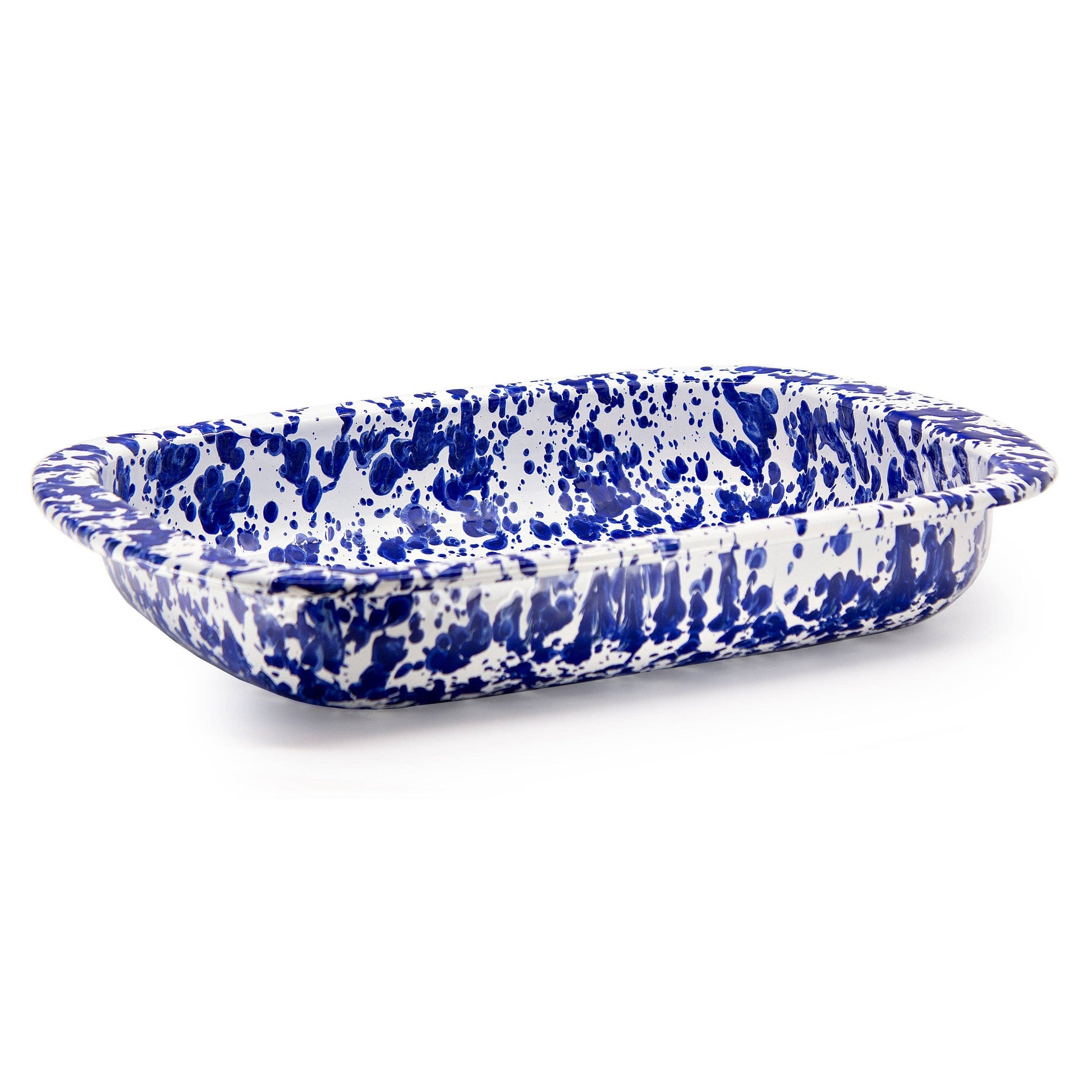 Blue and white speckled rectangular baking dish on a white background