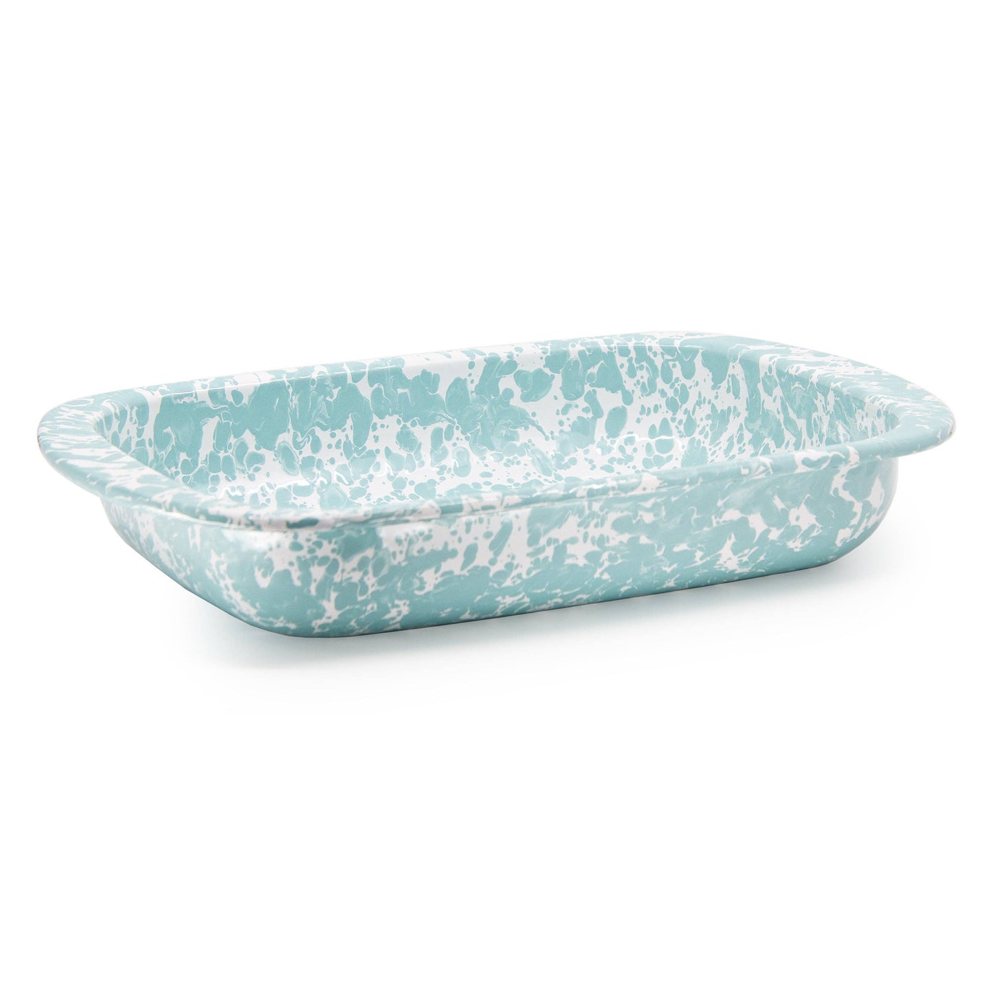 Rectangular porcelain enamel  baking dish with blue and white speckled pattern on a white background