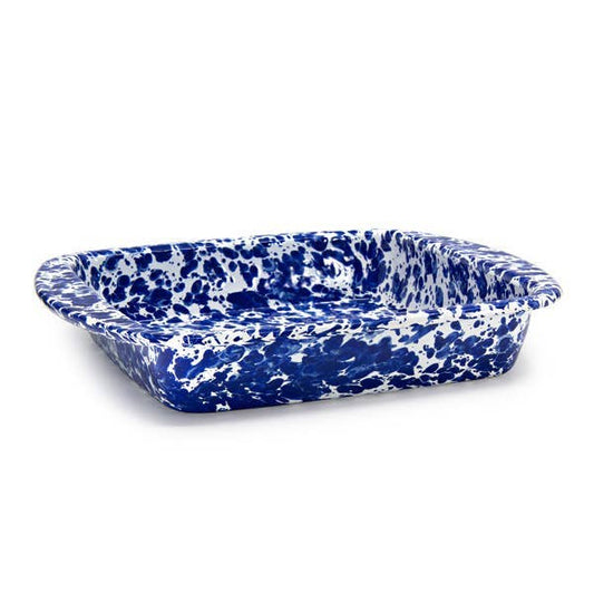 Rectangular baking dish with blue and white speckled pattern on a white background