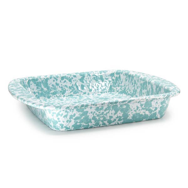 Rectangular baking dish with a blue and white speckled pattern on a white background