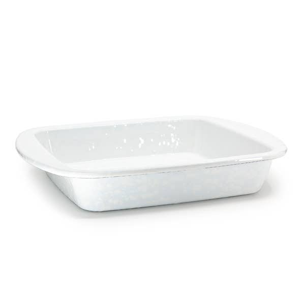 A white rectangular porcelain enamel baking pan with rounded corners, shown from a three-quarters perspective on a white background.
