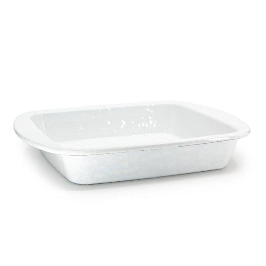 A white rectangular porcelain enamel baking pan with rounded corners, shown from a three-quarters perspective on a white background.