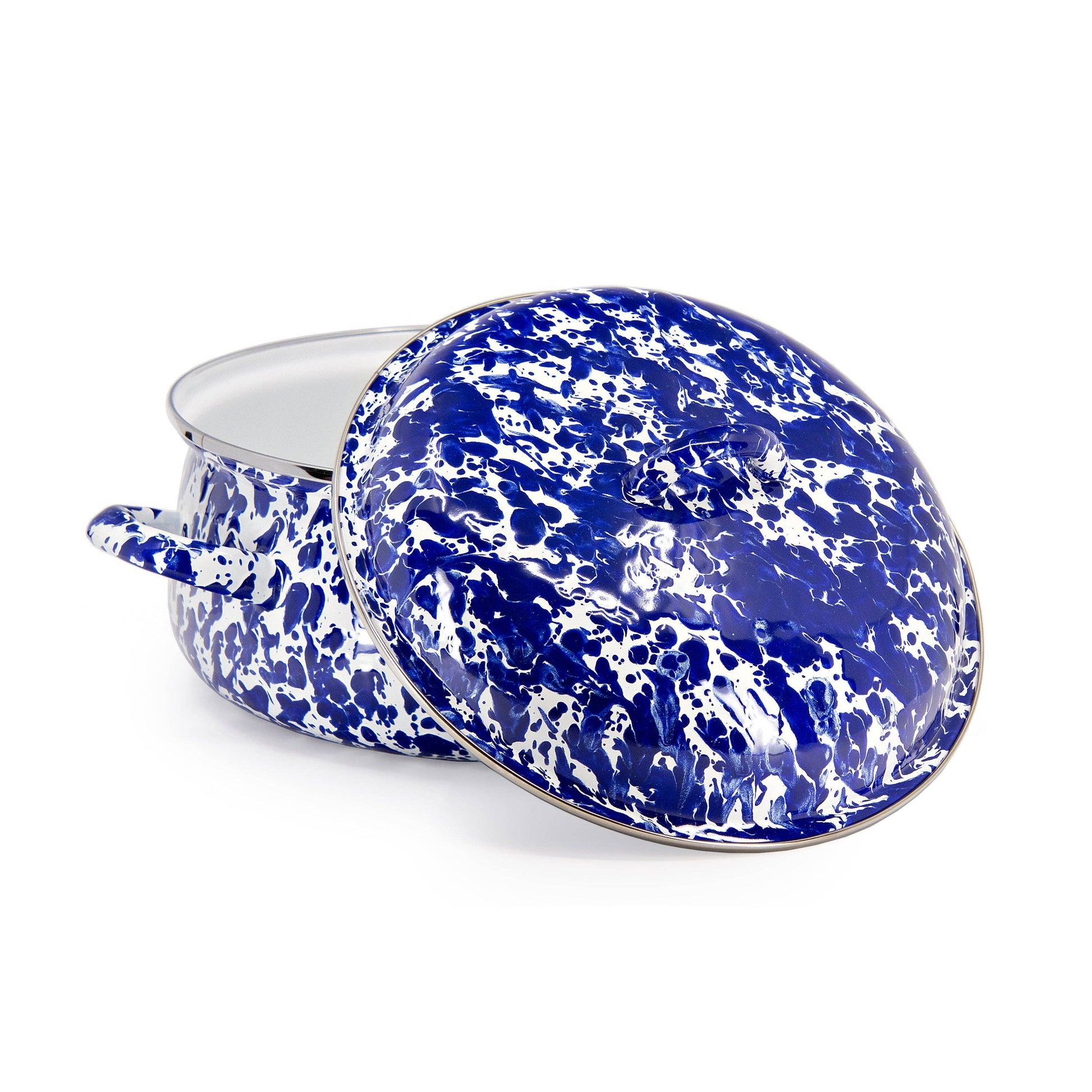 Blue and white speckled enamel pot with lid on a white background