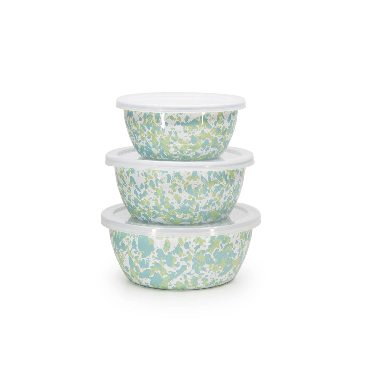 Set of three spatter-patterned bowls stacked on a white background