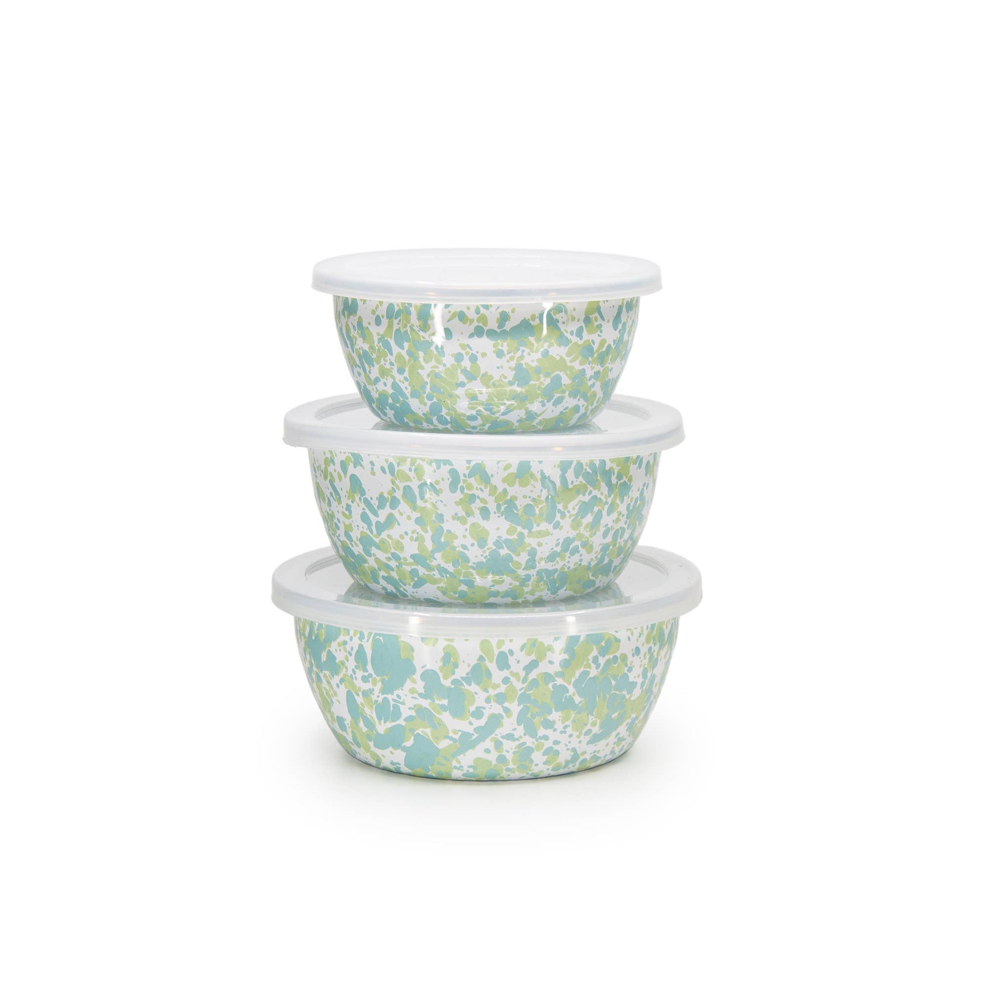 Set of three spatter-patterned bowls stacked on a white background