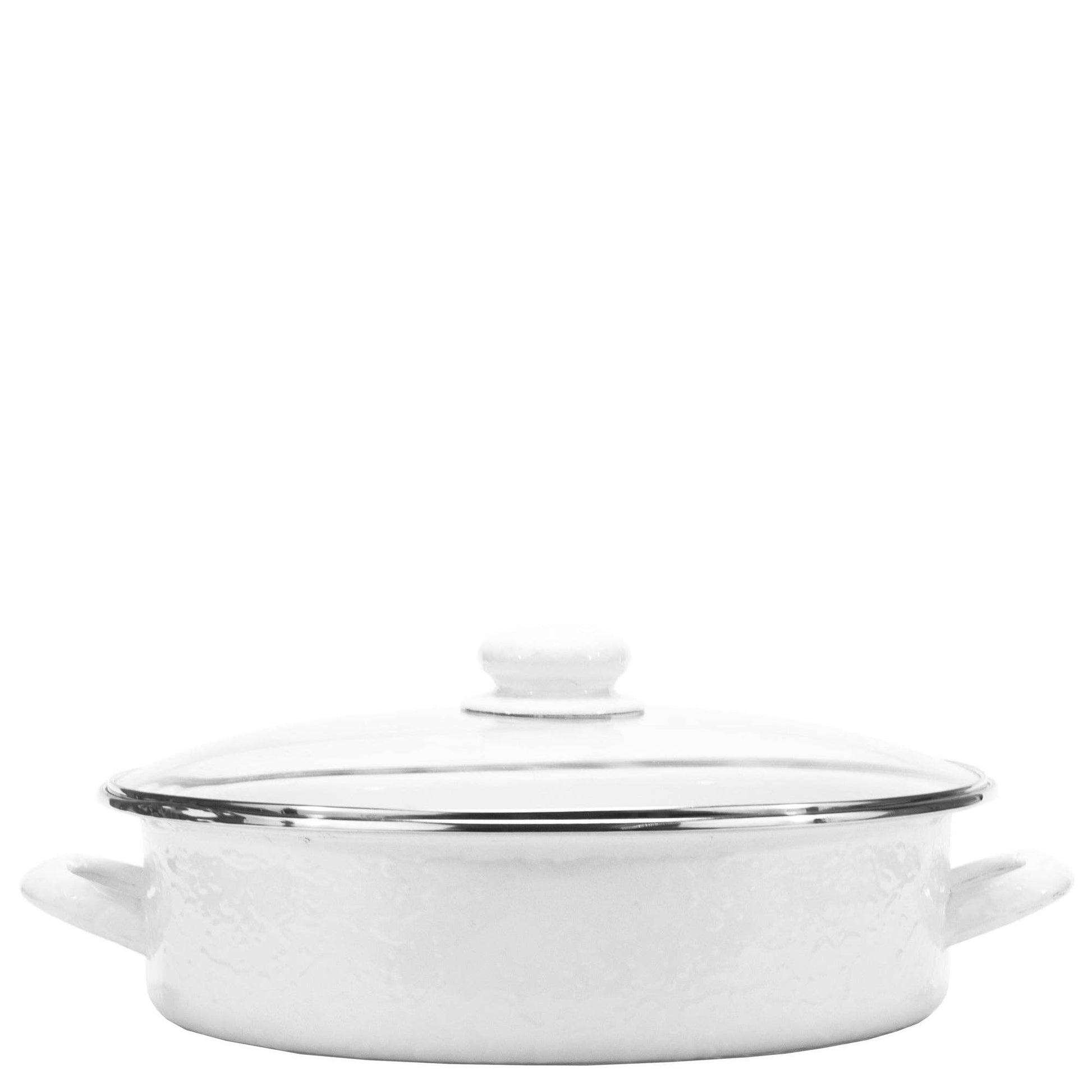 White porcelain enamel saute pan with silver rim and handles on a white background
