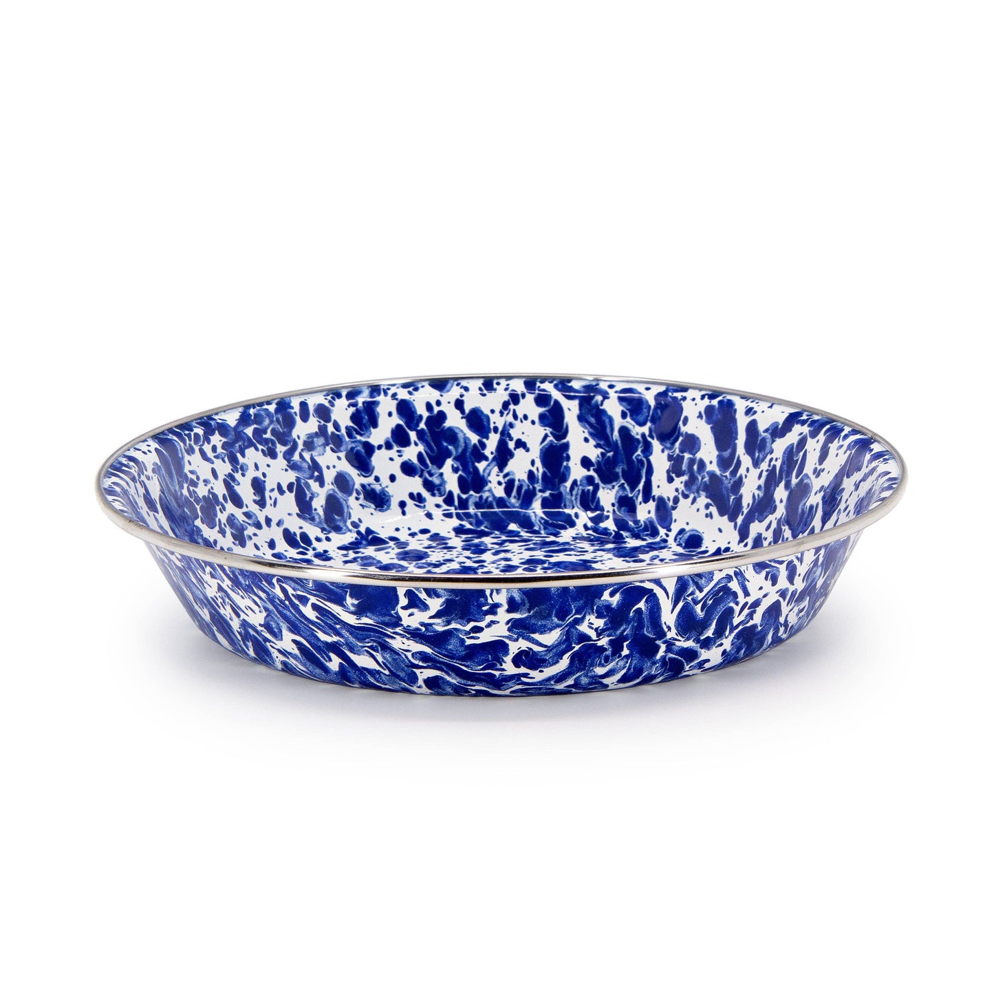 Blue and white speckled enamel pie dish on a white background