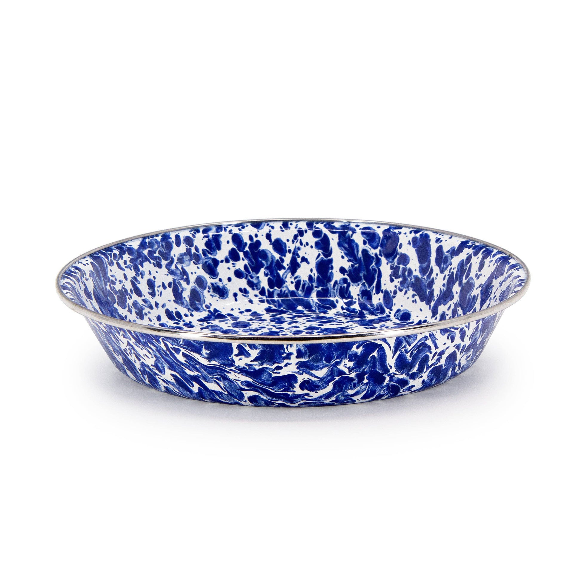 Blue and white speckled enamel pie dish on a white background