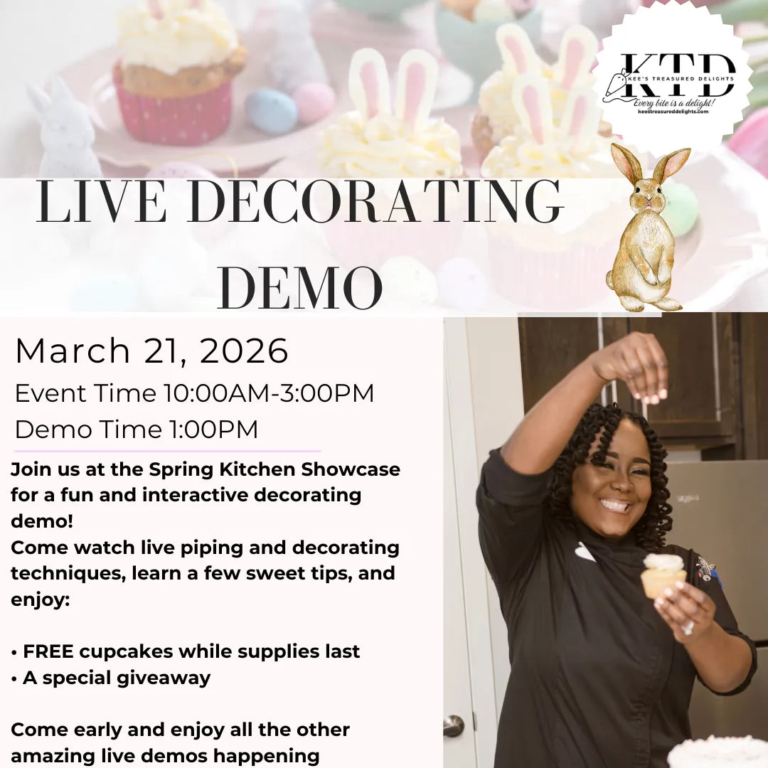 Promotional flyer for a live decorating demo event with a woman holding a cupcake.