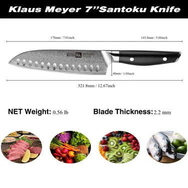 Klaus Meyer 7" Santoku Knife with detailed measurements and product features on a white background.