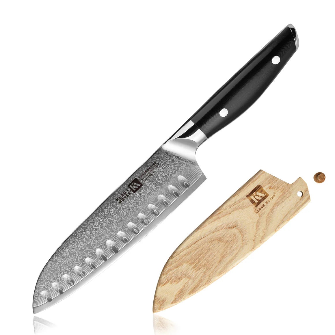 Klaus Meyer Santoku Kitchen knife with a wooden sheath on a white background.
